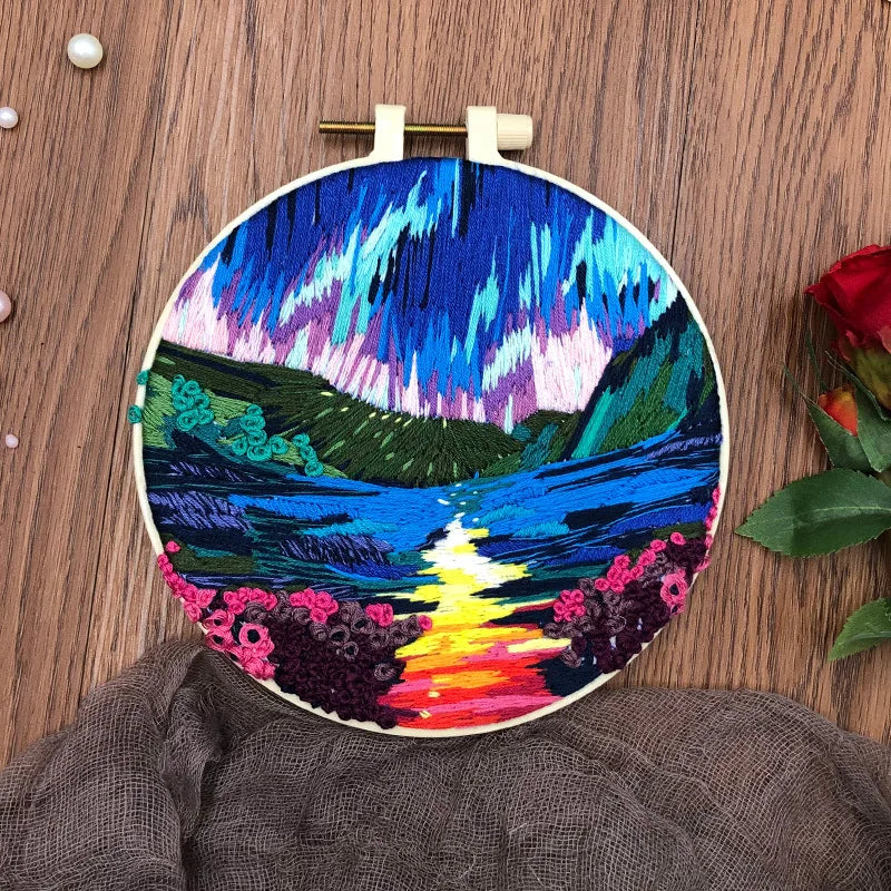 CraftHoop night sky with mountains and campfire embroidery - Perfect for outdoor enthusiasts and crafters