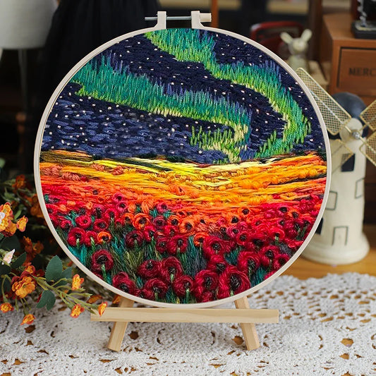 CraftHoop colorful starry night and mountains embroidery - Vibrant and mesmerizing DIY project