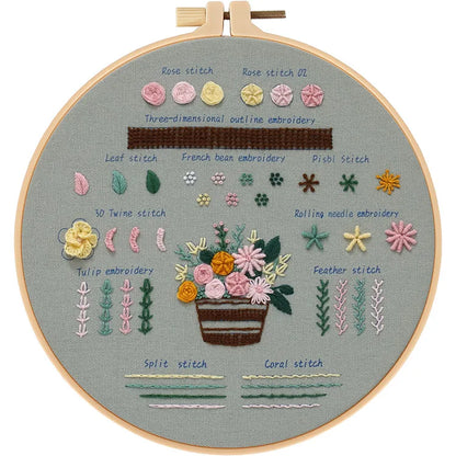 CraftHoop Learn-to-Stitch Embroidery Kit displaying various embroidery stitches and floral designs