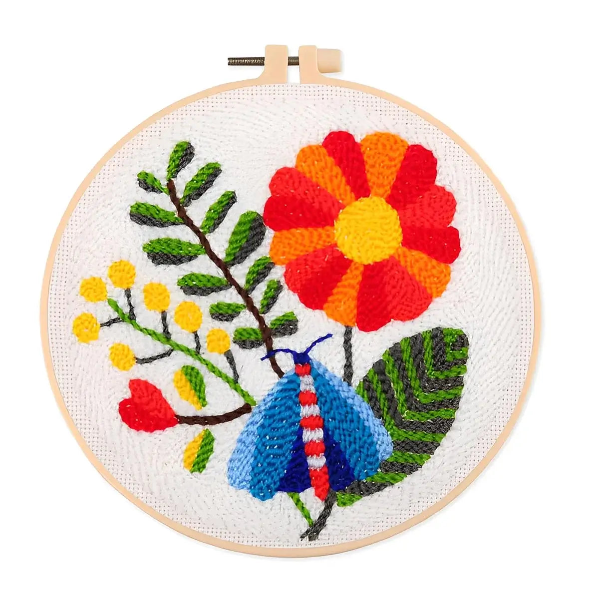 CraftHoop Garden Glow Punch Needle Kit vibrant floral design with colorful flowers and a butterfly detail.