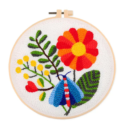 CraftHoop Garden Glow Punch Needle Kit vibrant floral design with colorful flowers and a butterfly detail.