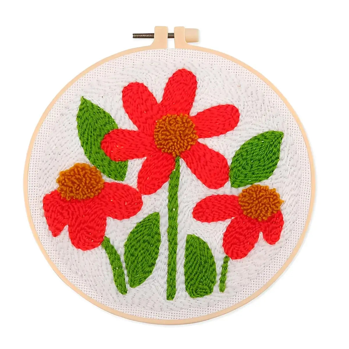 CraftHoop Garden Glow Punch Needle Kit floral design with vibrant red flowers and green leaves in an embroidery hoop.