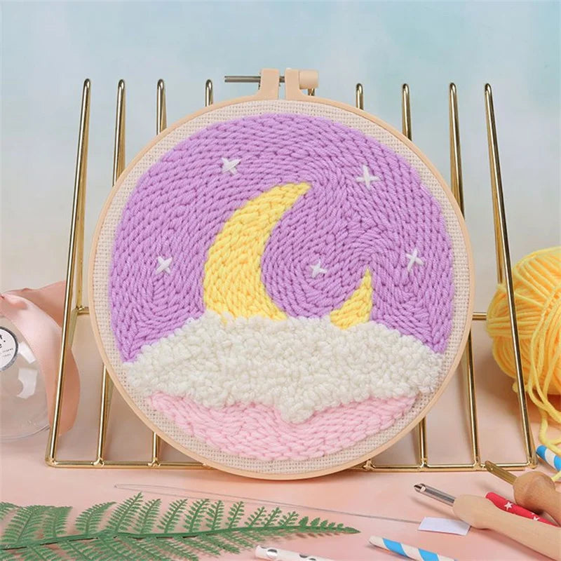 CraftHoop purple and yellow moon embroidery art - Creative DIY needlework project