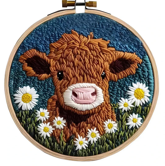 CraftHoop Farm Friends Punch Needle Kit featuring a charming cow surrounded by daisies and a blue background.