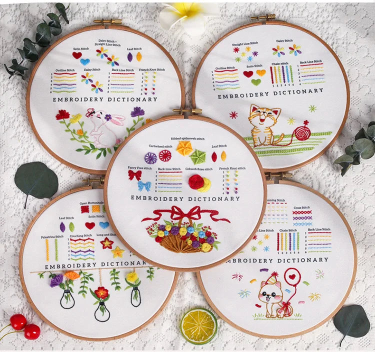 CraftHoop Embroidery Dictionary for Kids & Beginners with multiple hoops showcasing stitch designs.