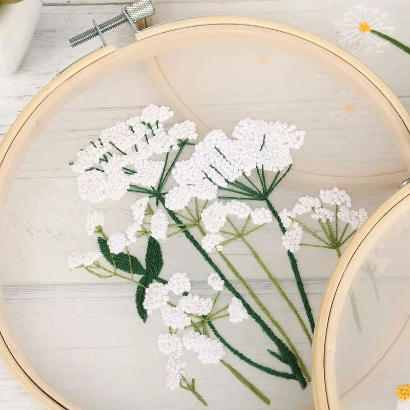 CraftHoop delicate white flowers embroidered in wooden hoops - Ideal for home decor and gifts