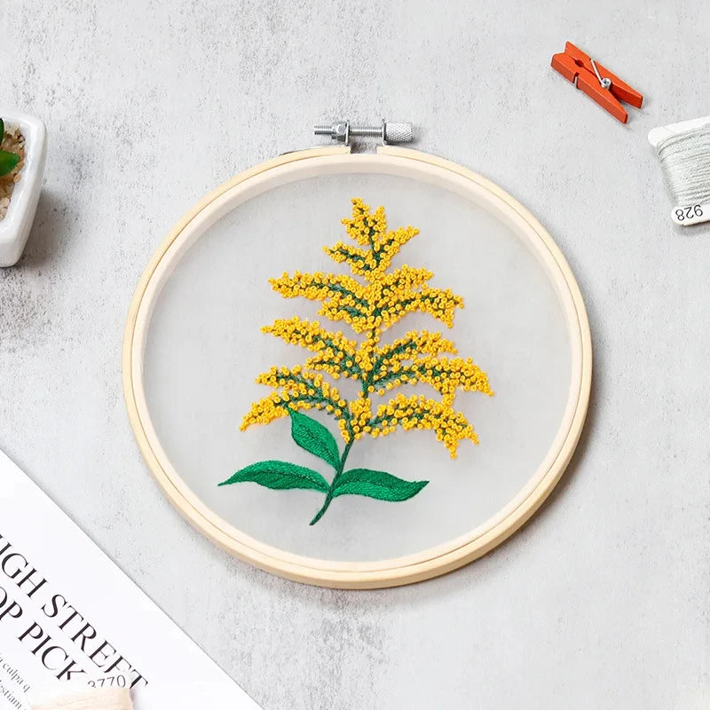 CraftHoop tall yellow flower embroidery in wooden hoop - Beautiful and relaxing DIY sewing kit