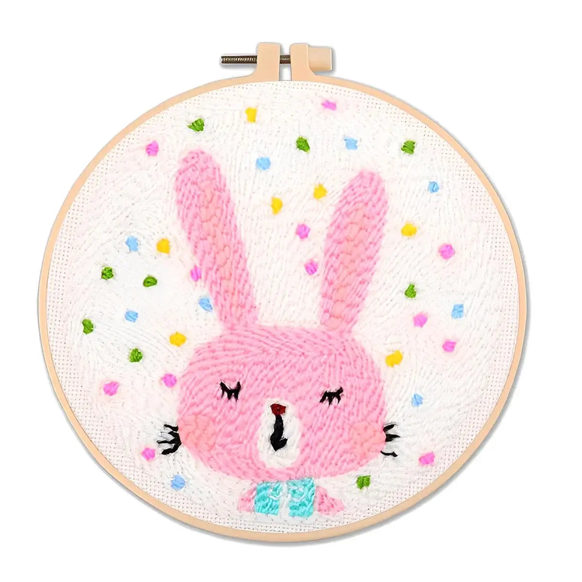 CraftHoop Garden Glow Punch Needle Kit featuring a playful pink bunny design with colorful confetti.