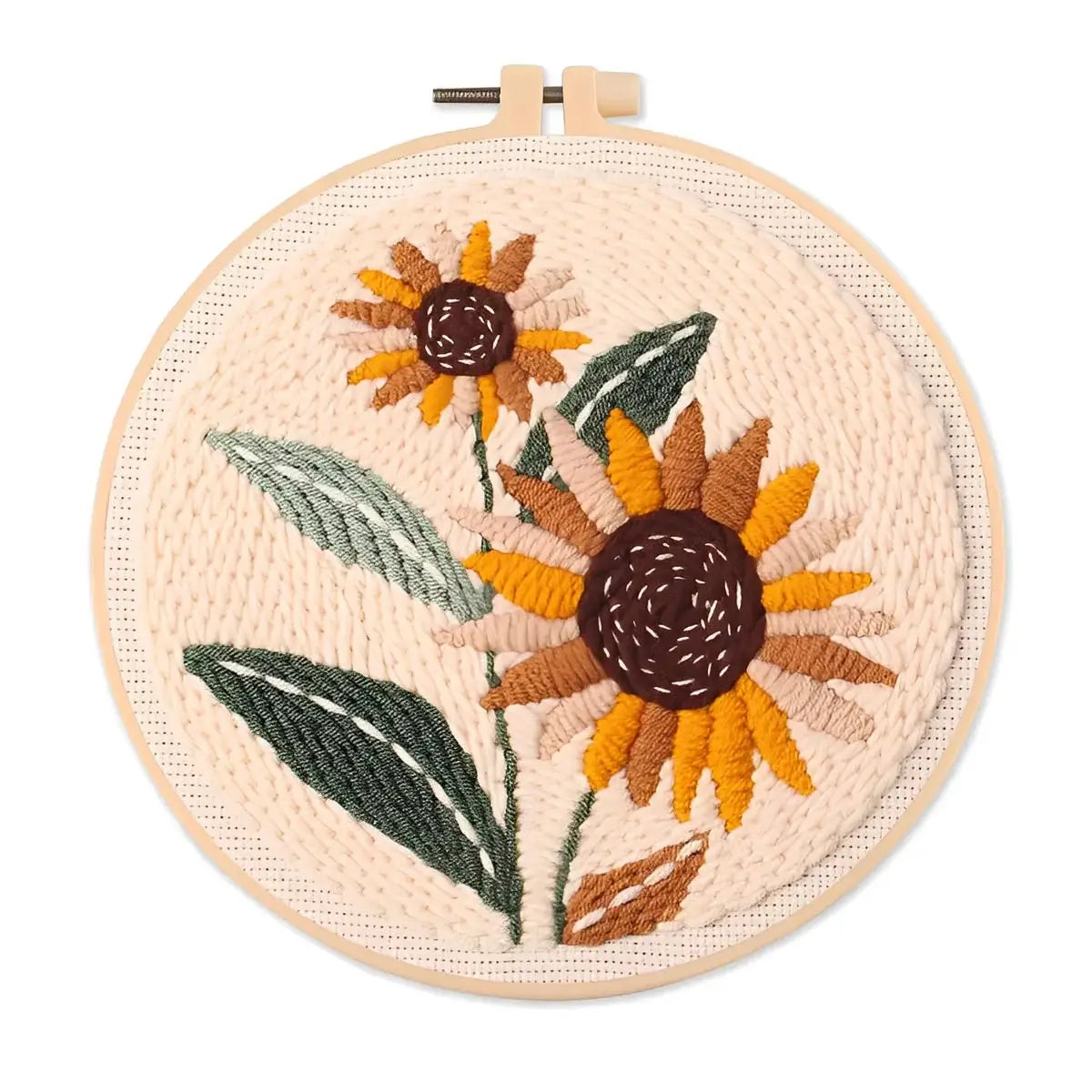 CraftHoop Garden Joy Punch Needle Kit featuring vibrant sunflower design in an embroidery hoop.