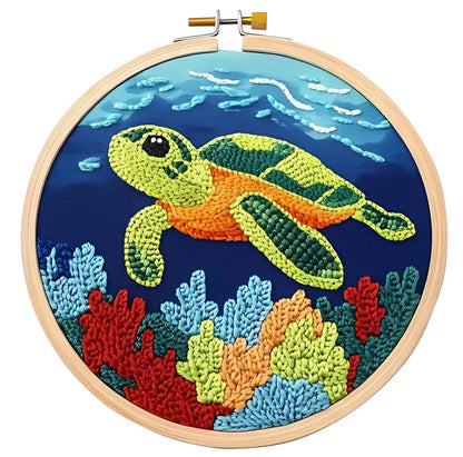 CraftHoop Farm Friends Punch Needle Kit featuring a colorful sea turtle swimming among coral.