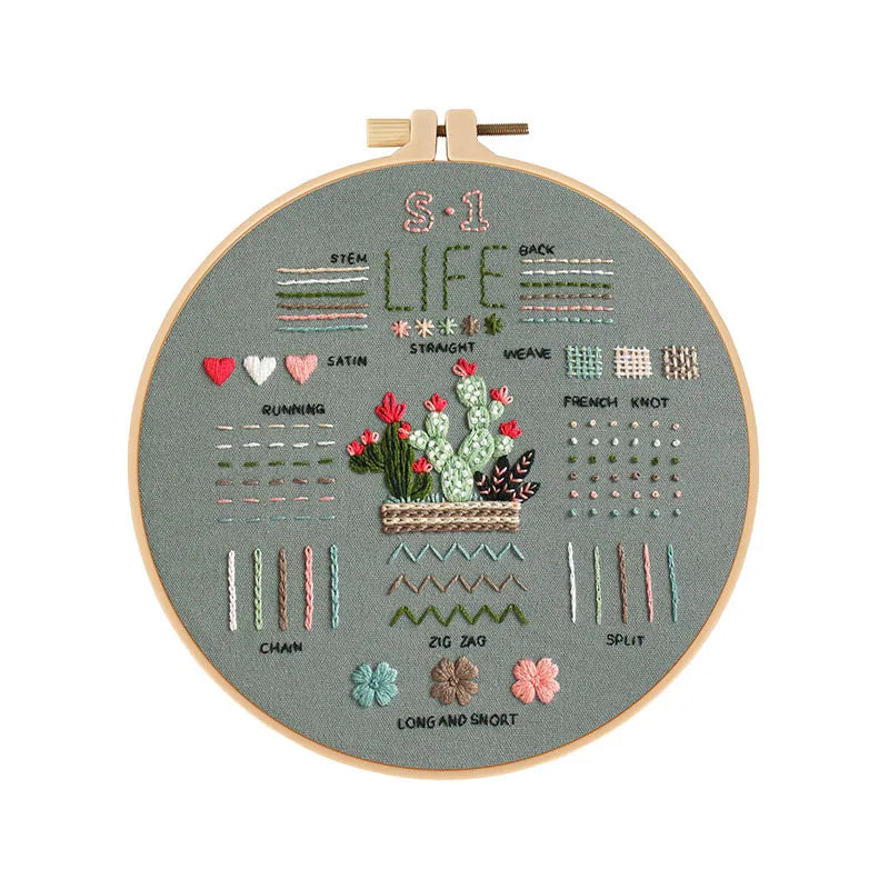 CraftHoop Beginner's Embroidery Kit showing various stitches and a floral pattern in a hoop