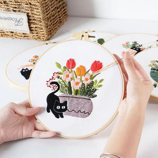 CraftHoop floral embroidery in progress with potted plants - Creative and relaxing DIY sewing project