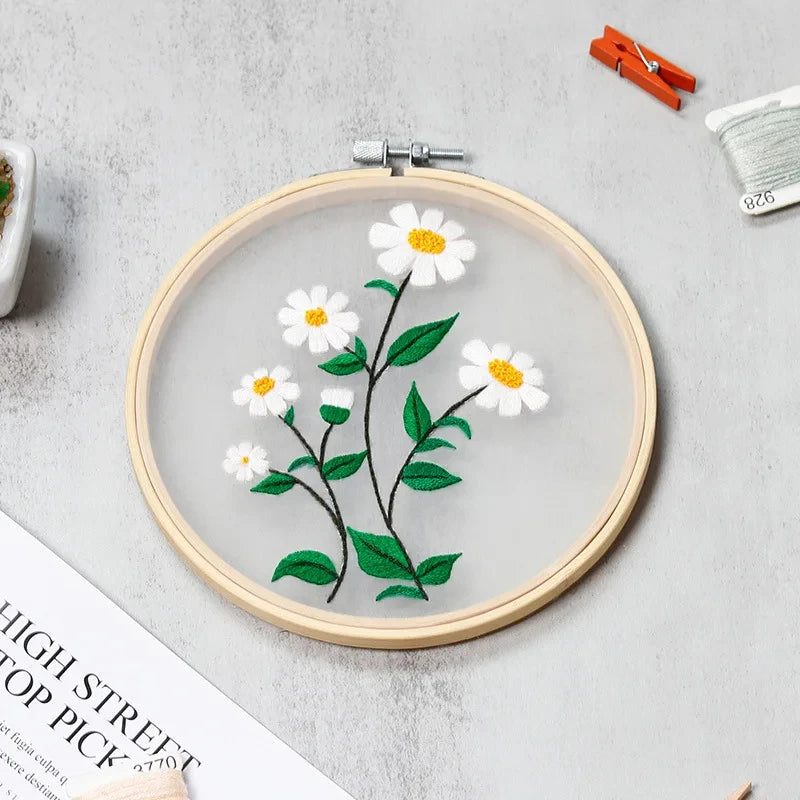 CraftHoop white daisy flower embroidery in wooden hoop - Simple and elegant DIY needlework kit