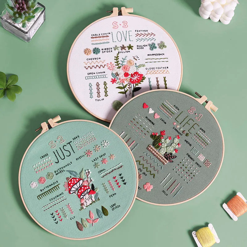 CraftHoop Beginner's 3-Piece Embroidery Kits with floral patterns, threads, and hoops on a green background