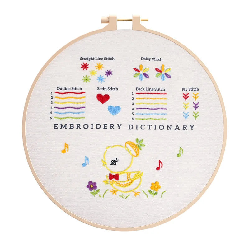 Display of CraftHoop Embroidery Dictionary kit with stitch guides for children and beginners.