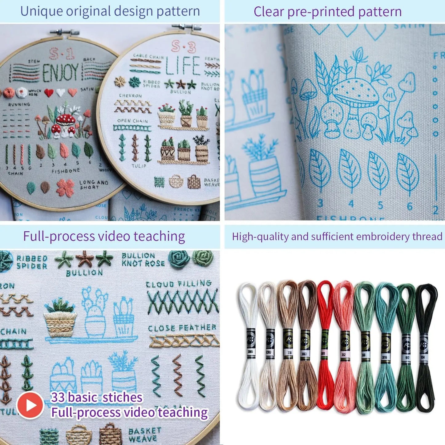 Close-up of CraftHoop embroidery kit components, including pre-printed pattern fabric, colored threads, and a wooden hoop, designed for beginner crafters