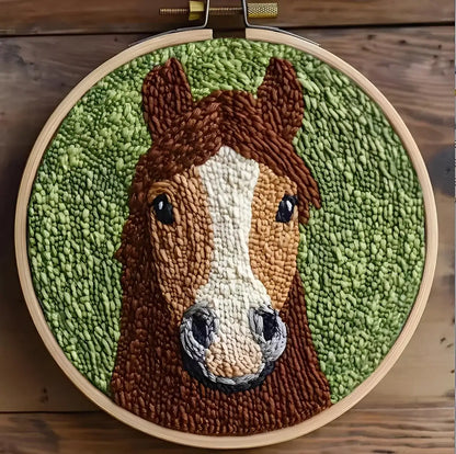 CraftHoop Farm Friends Punch Needle Kit featuring a textured horse design in a colorful embroidery hoop.