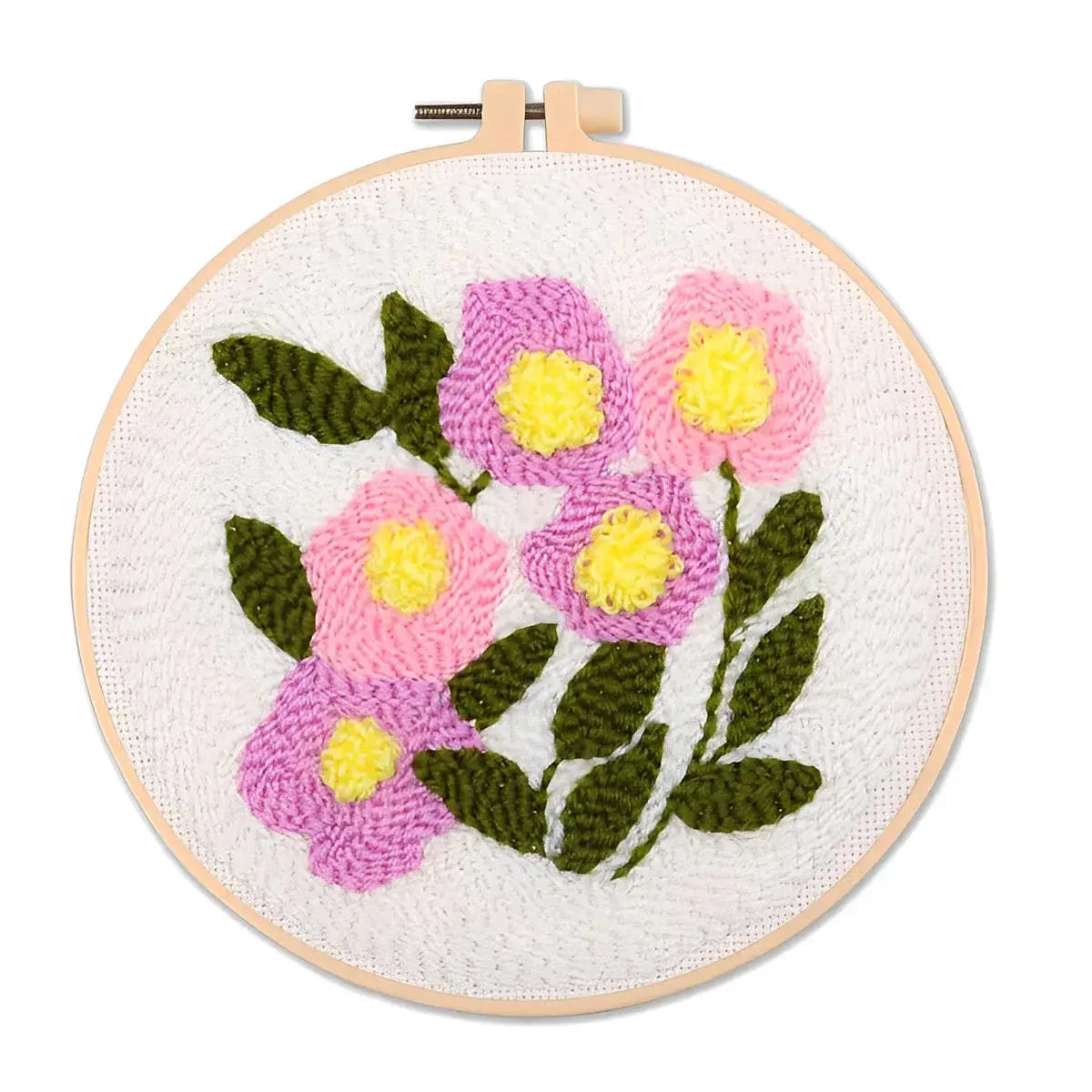 CraftHoop Garden Glow Punch Needle Kit with colorful floral embroidery design in a hoop.