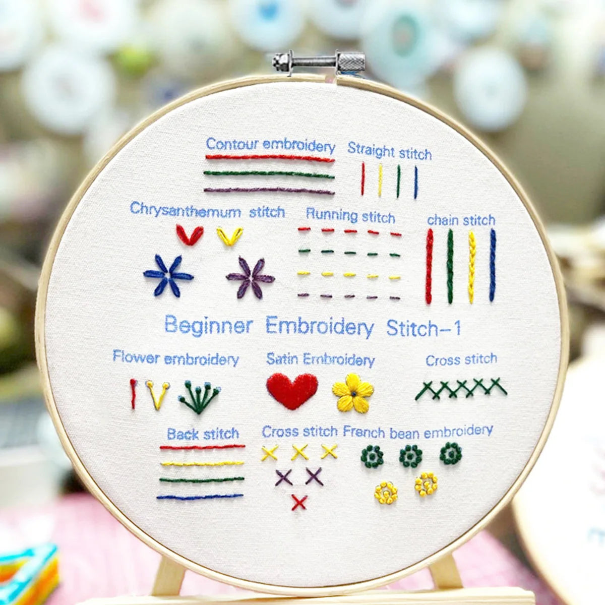 CraftHoop Practice Embroidery Kit hoop showing various stitching techniques for beginners.