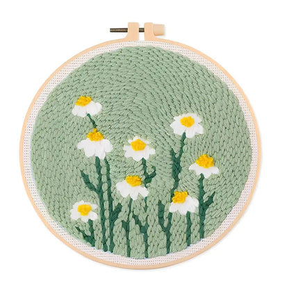 CraftHoop Garden Glow Punch Needle Kit featuring cheerful flowers in a round hoop, ideal for home decor.