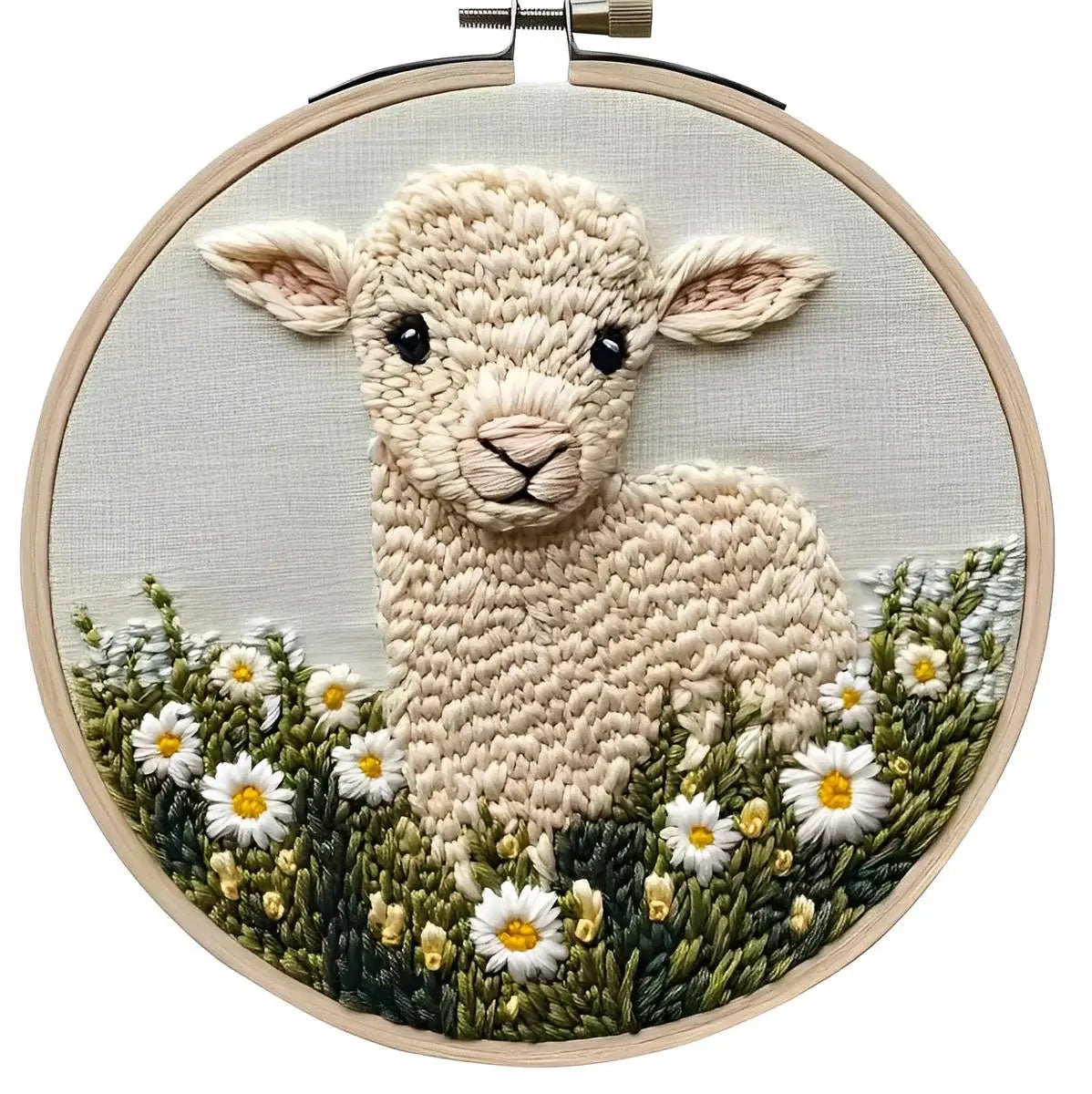CraftHoop Farm Friends Punch Needle Kit featuring a cute lamb surrounded by daisies in an embroidered hoop.