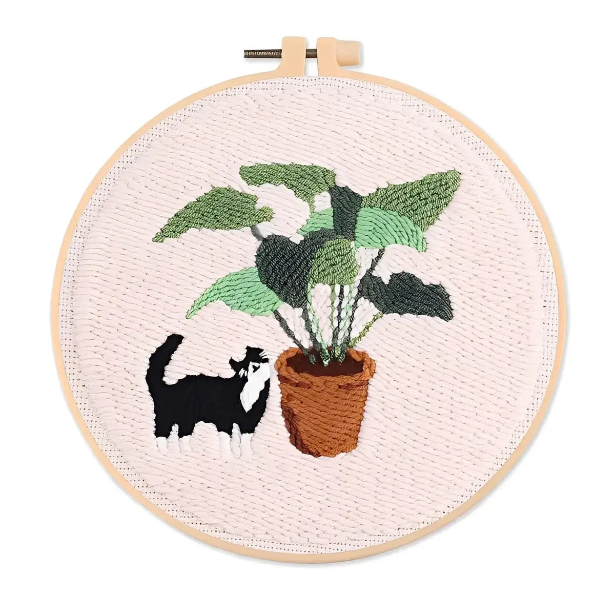 CraftHoop Cat & Plant Lovers Punch Needle Kit featuring a black cat next to a potted plant in an embroidery hoop.