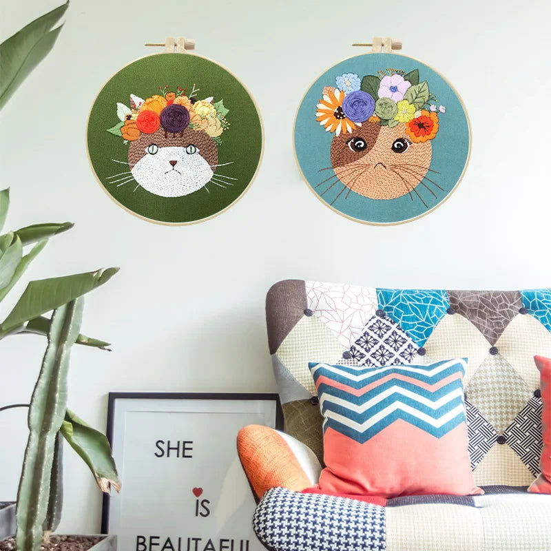 CraftHoop animal embroidery wall display in living room - Beautiful and whimsical decor for any space