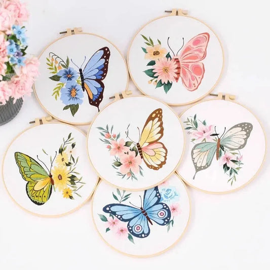 CraftHoop set of butterfly embroidery designs in wooden hoops - Creative and colorful DIY sewing kits