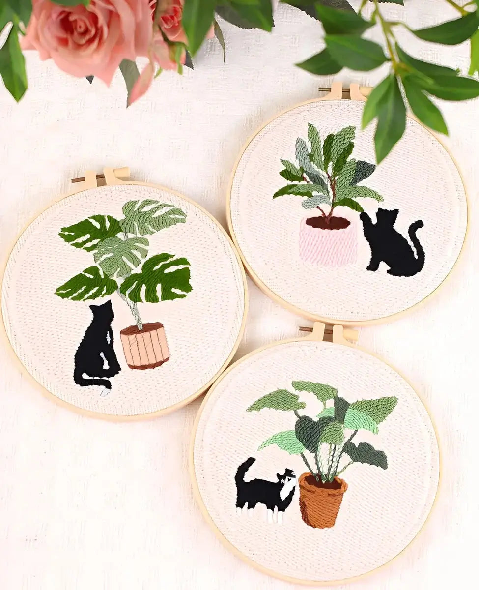 CraftHoop Cat & Plant Lovers Punch Needle Kit featuring embroidered cats and houseplants.