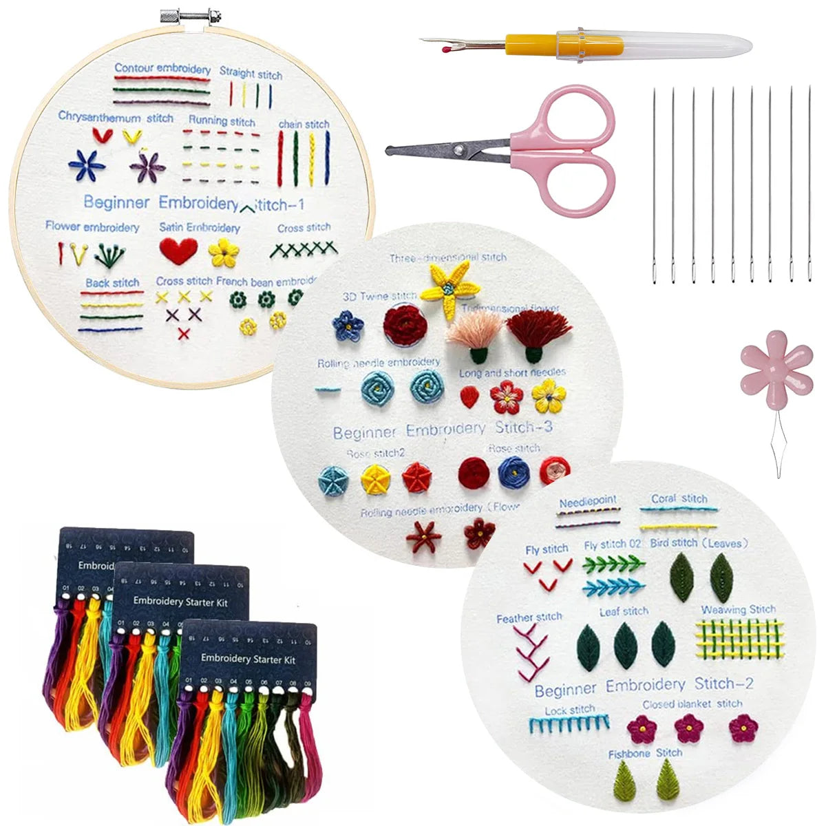 Complete CraftHoop Kids & Adults Practice Embroidery Kit including hoops, threads, and scissors.