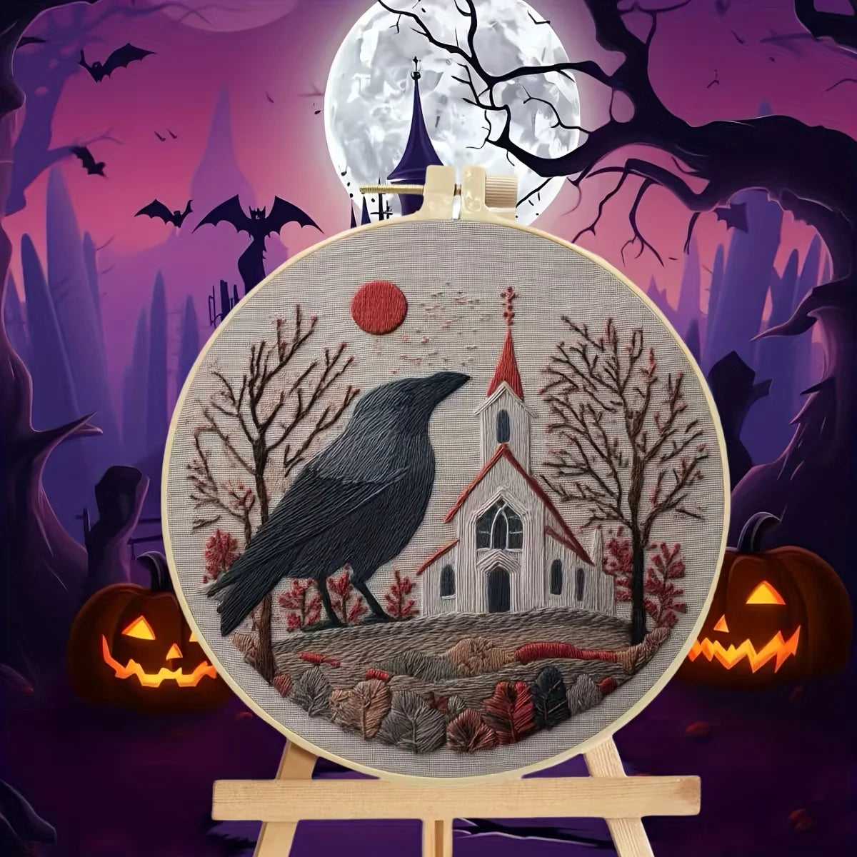 CraftHoop Crow Magic Halloween Embroidery Kit featuring a crow and a spooky church silhouette.
