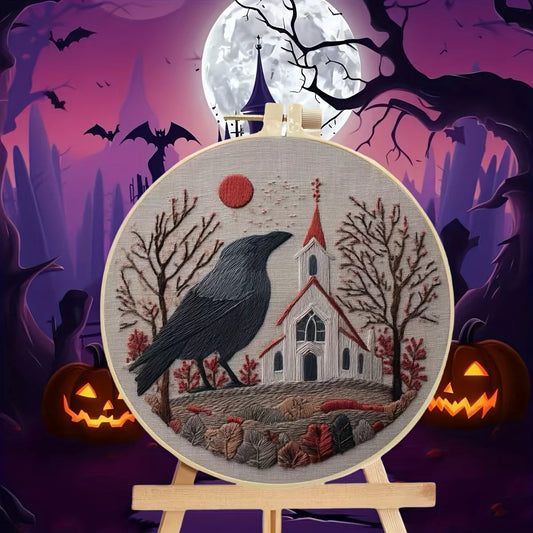 CraftHoop Crow Magic Halloween Embroidery Kit featuring a crow and a spooky church silhouette.