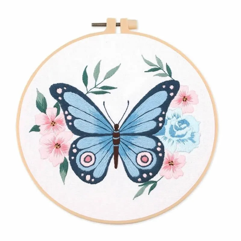 CraftHoop blue butterfly embroidery with floral design - Creative and relaxing DIY project