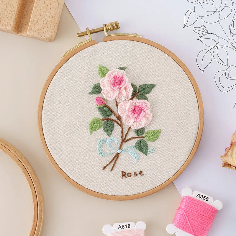 CraftHoop pink flowers embroidery in wooden hoop - Elegant and relaxing DIY needlework project