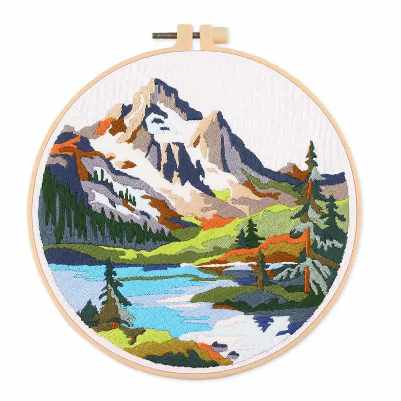 CraftHoop mountain landscape with snowy peaks and fall foliage embroidery - Vibrant and scenic needlework kit