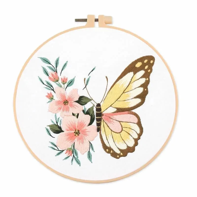 CraftHoop yellow butterfly embroidery with floral accents - DIY sewing kit for beginners