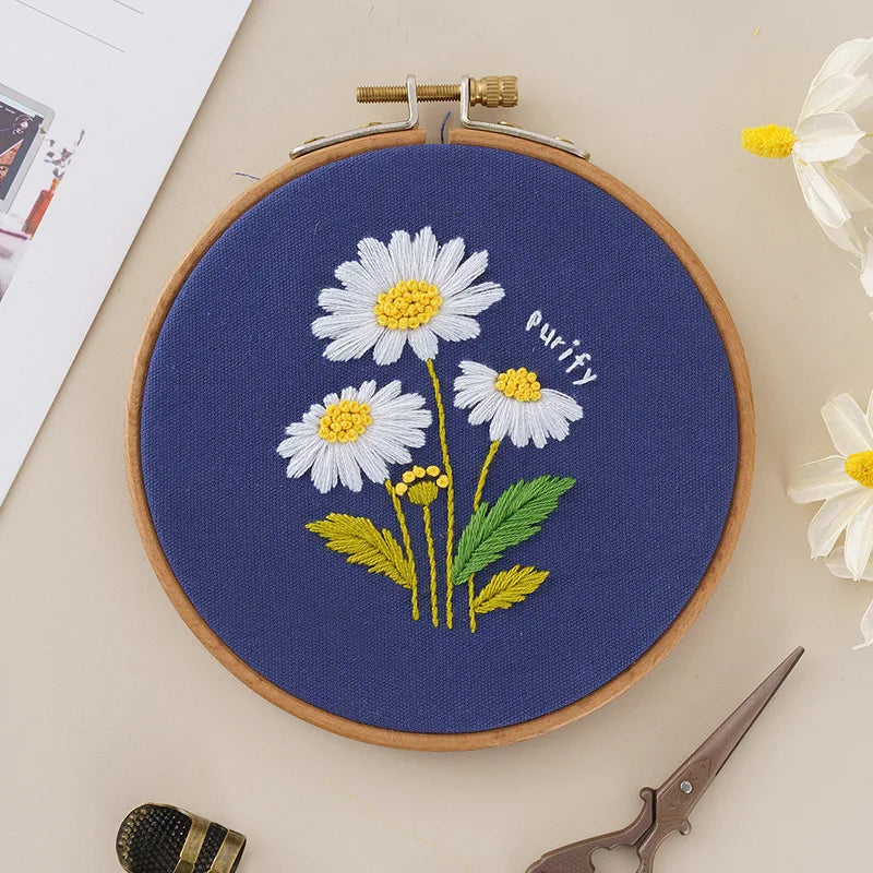 CraftHoop white daisy embroidery on dark blue canvas - Creative and fun DIY needlework project