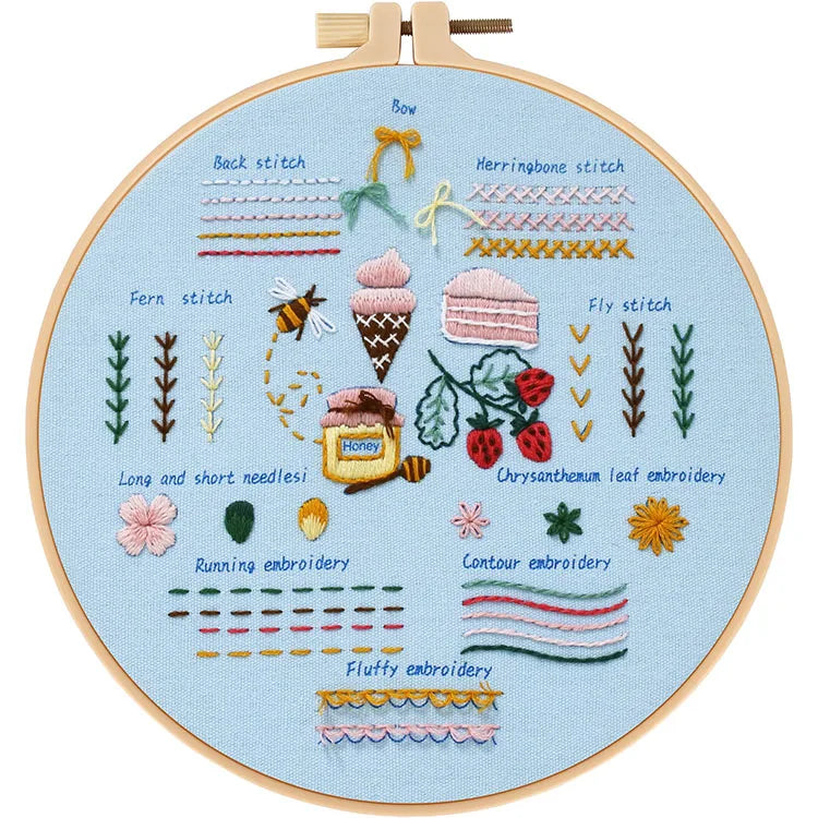 CraftHoop Learn-to-Stitch Embroidery Kit showcasing various stitching techniques on a pastel blue background.
