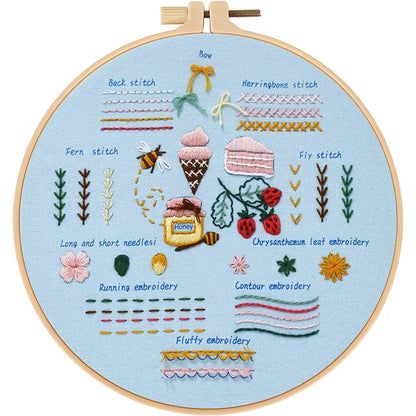 CraftHoop Learn-to-Stitch Embroidery Kit showcasing various stitching techniques on a pastel blue background.