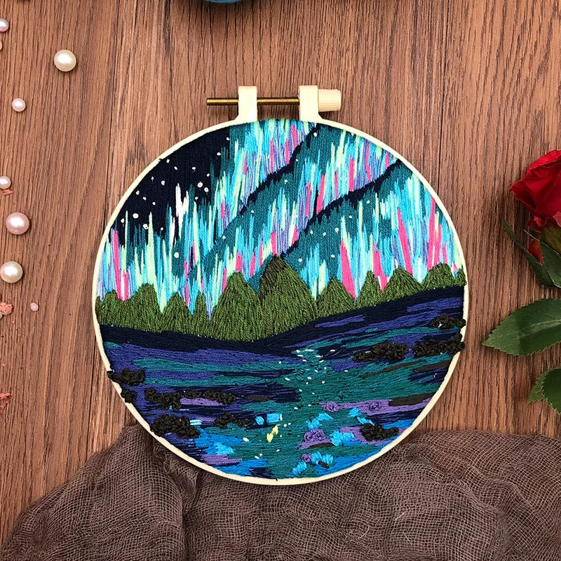 CraftHoop aurora borealis over mountains embroidery - Vibrant and relaxing DIY sewing kit