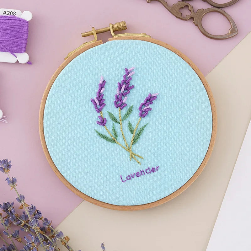 CraftHoop lavender flower embroidery on light blue fabric - Relaxing and beautiful DIY sewing kit