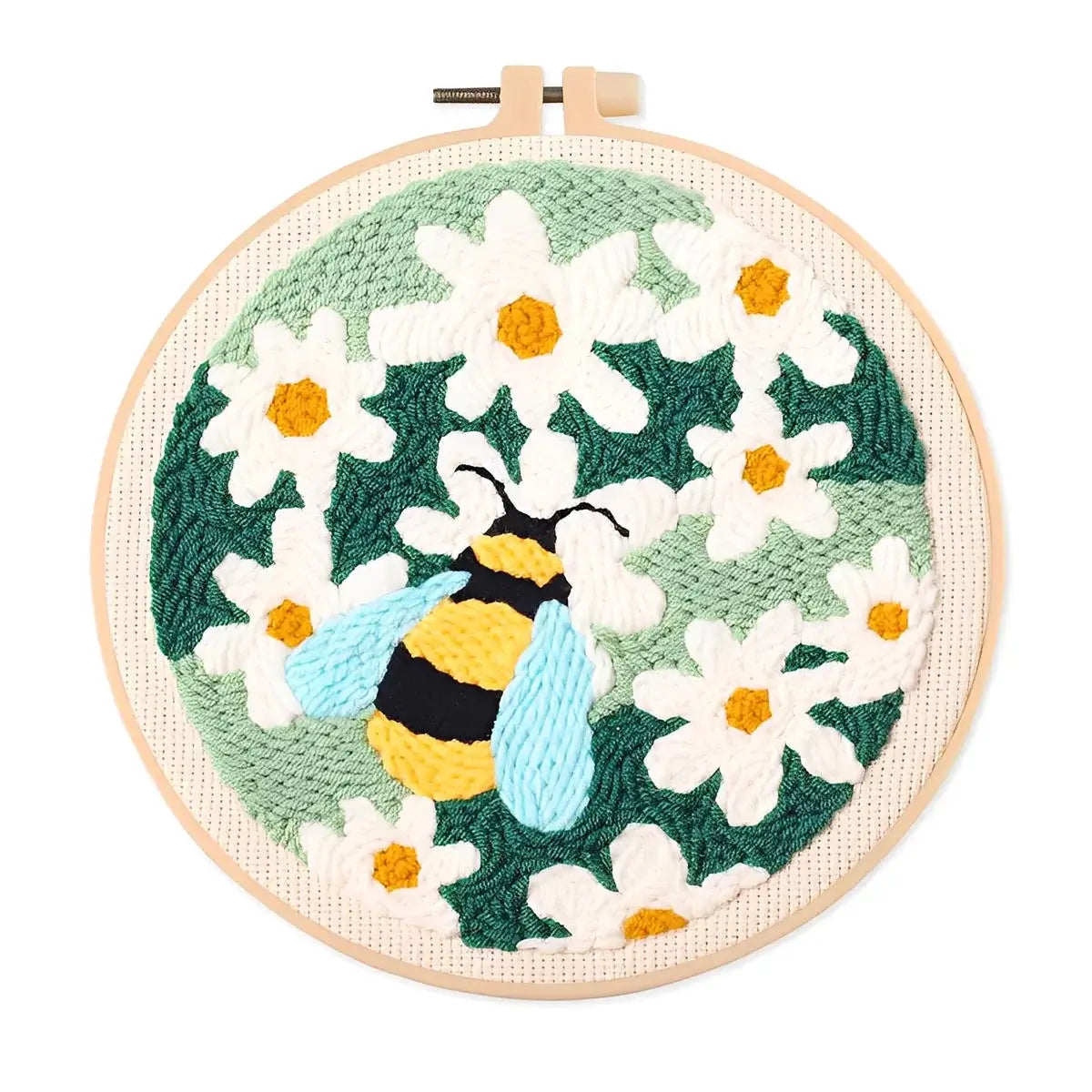 CraftHoop Buzz & Bloom Punch Needle Kit featuring a colorful bee and blooming daisies in a vibrant embroidery hoop.