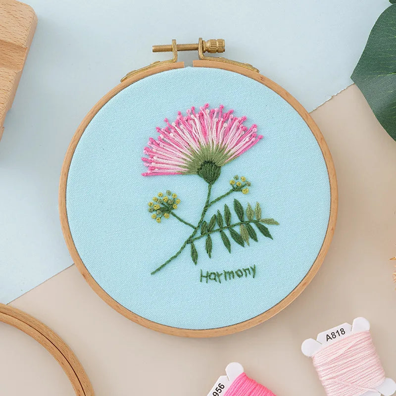 CraftHoop pink flower embroidery in wooden hoop - Perfect for embroidery enthusiasts and beginners