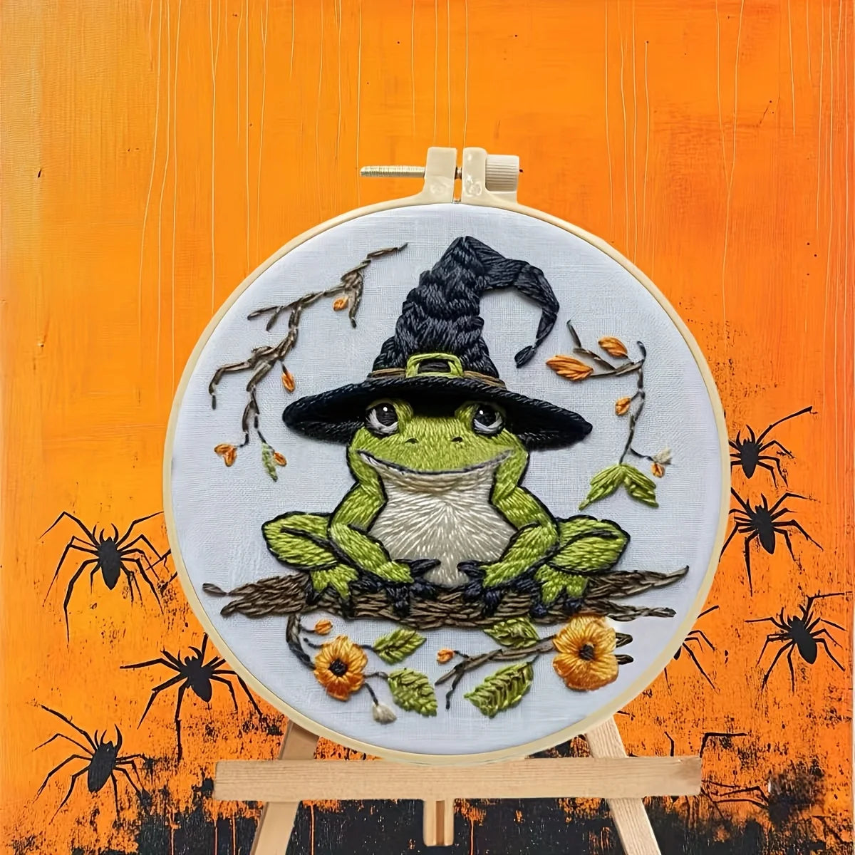 CraftHoop Crow Magic Halloween Embroidery Kit featuring a whimsical frog in a witch's hat and autumnal decor.