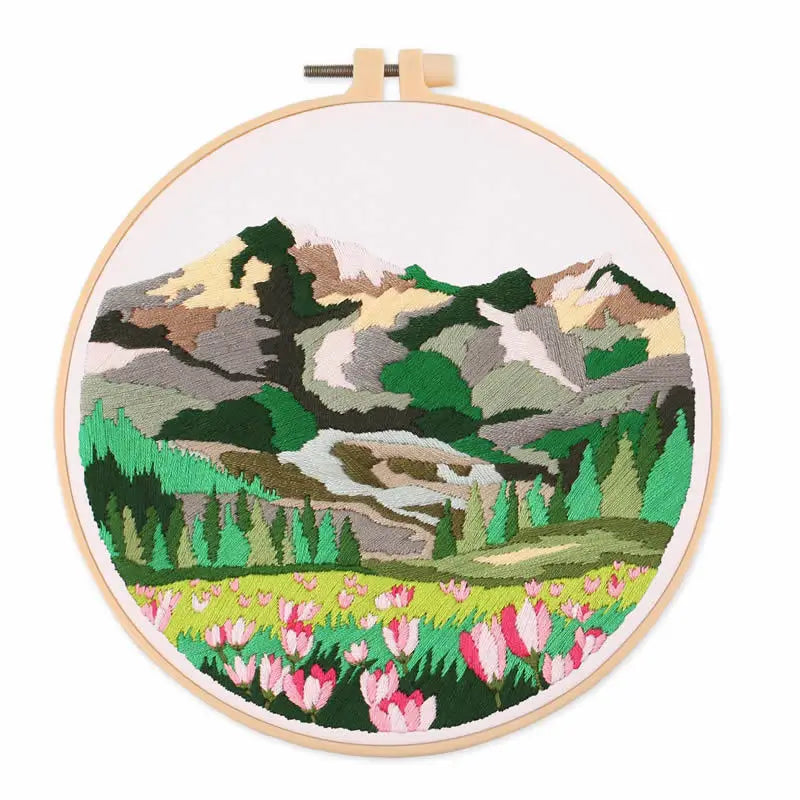 CraftHoop mountain landscape with lake and trees embroidery - Perfect for creating a serene atmosphere