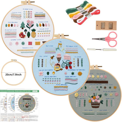 CraftHoop Learn-to-Stitch Embroidery Kit featuring patterns, tools, and yarn for beginners. Ideal for creative stitching.