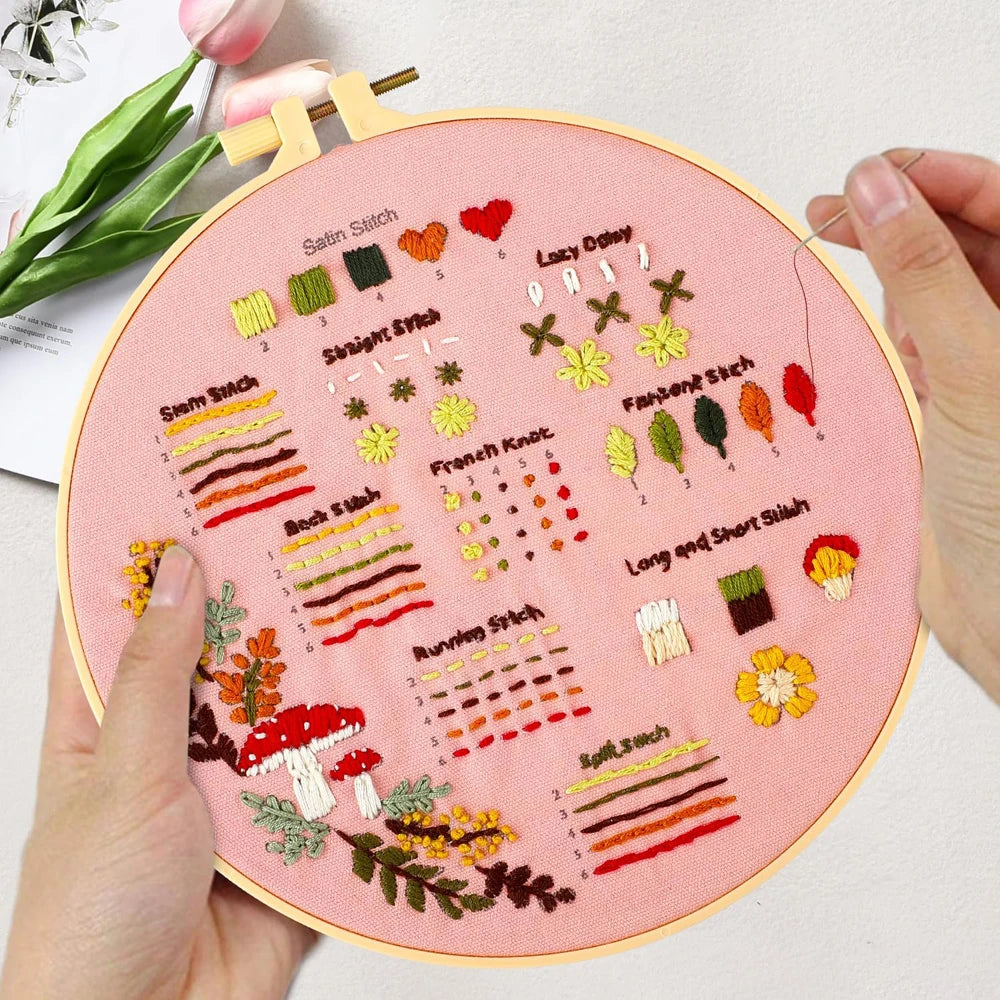 CraftHoop Beginner's Stitch Sampler Embroidery Kit with floral patterns and various stitch techniques for easy learning.