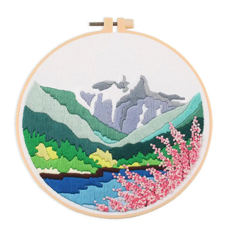 CraftHoop mountain landscape with winding river embroidery - Serene and detailed DIY sewing project