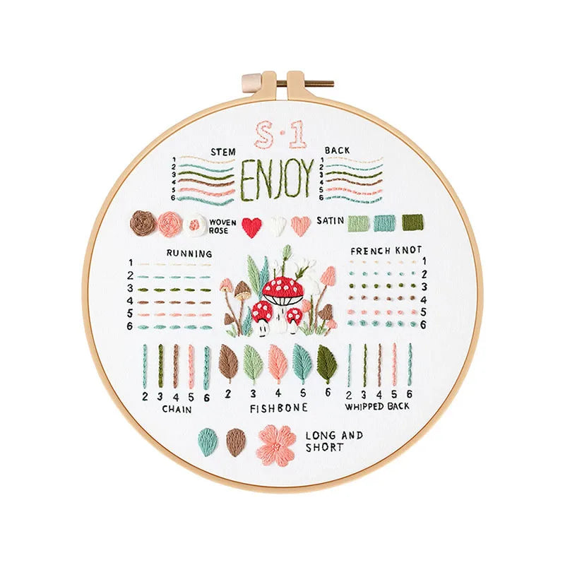 Beginner embroidery kit with hoop showing various stitches including running, chain, fishbone, satin, and floral patterns