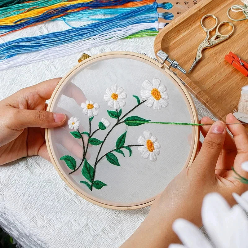 CraftHoop floral embroidery in progress - Perfect for beginners and experienced crafters